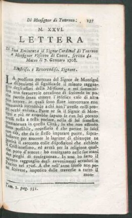 N. XXVI. Lettera di Sua Eminenza il Signor Cardinal di Tournon a Monsignor Vescovo di Conon, scritta da Macao li 7. Gennaro 1708.
