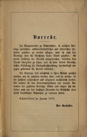 Geschichte der Stadt Schweinfurt : 4 Vorträge, gehalten im Bürger-Verein in Schweinfurt