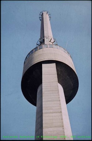 Abluftschornstein des Forschungsreaktors 2 (FR 2) auf dem Gelände des Kernforschungszentrums Karlsruhe (KfK)