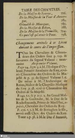 Changemens arrivés à ce Livre durant le cours de l´ impression