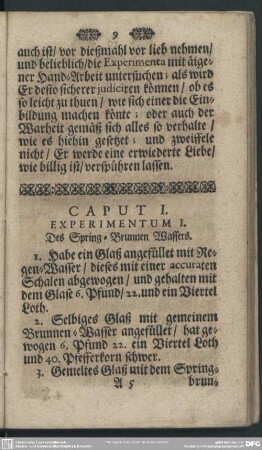 Caput I. Experimentum I. Des Spring-Brunnen Wassers
