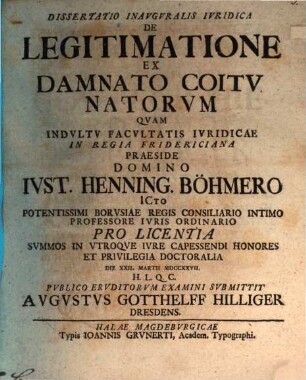 Diss. inaug. iur. de legitimatione ex damnato coitu natorum