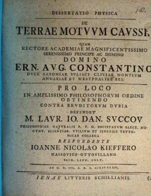 Dissertatio Physica De Terrae Motvvm Cavssis
