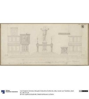 Straupitz. Entwurf zur Dorfkirche. Altar, Kanzel und Taufstein