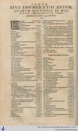Index Sive Envmeratio Avivm, Qvarvm Historia In Hoc Tertio Ornithologiae Tomo.