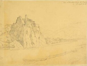 Die Burg Schreckenstein (Střekov) bei Aussig an der Elbe (Ústí n.L.), Blick über die Elbe