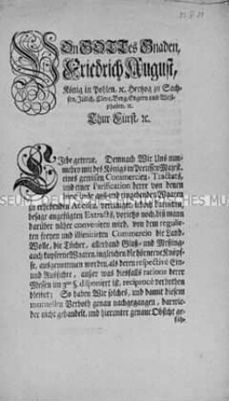 Mandat von Friedrich August I. Kurfürst von Sachsen betreffend die Zollkonvention mit Preußen samt Ausfuhrbestimmungen
