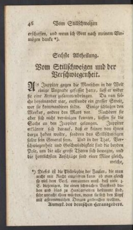 Sechste Abtheilung. Vom Stillschweigen und der Verschwiegenheit