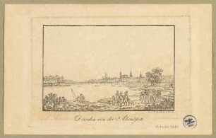 Stadtansicht von Dresden, Blick von der linken Elbseite auf die Altstadt nach Südosten, Radierung um 1810 : Dresden von der Abendseite / bei C. F. Sprinck in Dresd. - [Dresden] , [ca. 1810]. - 1 Kunstblatt : Radierung ; 12,1 x 7,8 cm