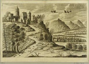 Die Burg in Dohna im Müglitztal südöstlich von Dresden (im alten Zustand von vor 1402), aus Heckels Historischer Beschreibung (von ...) Königstein von 1737
