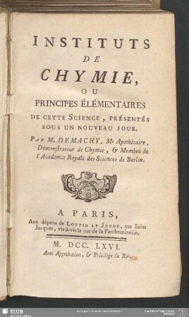 Tome 1: Instituts de Chymie, ou principes élémentaires de cette science, présentés sous un nouveau jour