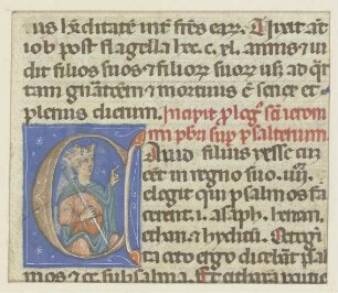 Initiale: Darin ein Mann mit Krone und Zepter, auf den nebenstehenden Text zeigend (verso Textfragment)