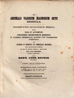De anomalo vasorum magnorum ortu nonnulla : dissertatio inauguralis medica; accedunt tabula lithographica