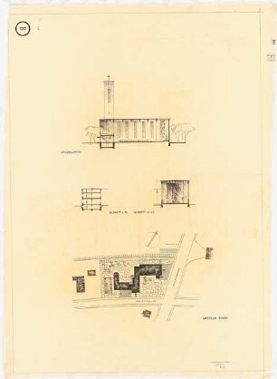 Kirche, Berlin-Zehlendorf Projekt II: Längsschnitt, Schnitte A-B, C-D, Lageplan 1:500 (Alternative zu Inv.Nr. 9201-9204)