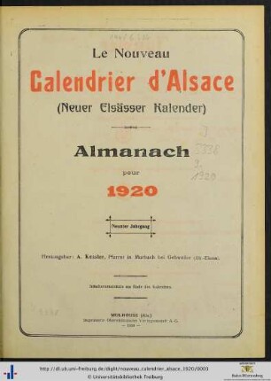 Neunter Jahrgang: Le nouveau calendrier d'Alsace: Almanach pour 1920