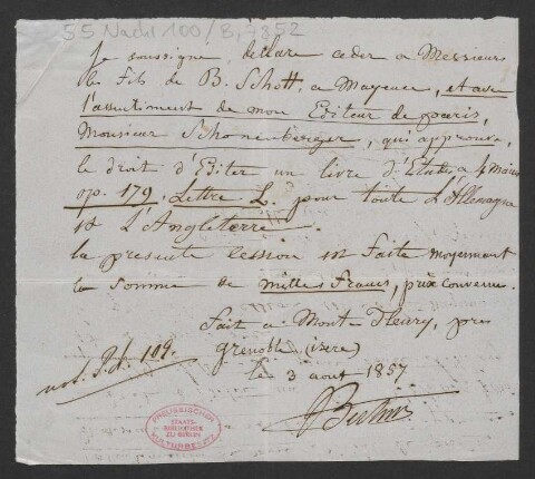 Verlagsschein über Opus 179