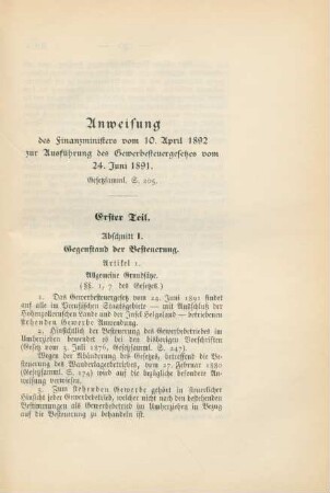 Anweisung des Finanzministers vom 10. April 1892 zur Ausführung des Gewerbesteuergesetzes vom 24. Juni 1891. Erster Teil