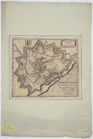 Plan der Festung Tönning, 1:5 000, Radierung, 1651 : Grundtriß der Fehstung Tonninge : Anno 1651. - [Ca. 1:5 000] ; [Marinus]. - Husum , [1652]. - 1 Plan : Radierung ; 29 x 25 cm Maßstab in graph. Form (Rhynl. Ruten). - Titelkartusche oben rechts. - Widmungskartusche unten rechts. - Windrose oben Mitte. - Mit 1 Wappen. - Mit Kt.-Netz