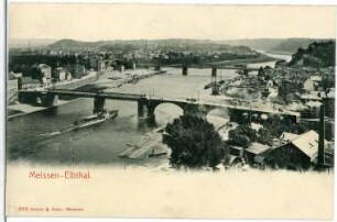 Meißen. Blick zur Elbe mit Brücken und Dampfer "Meißen"