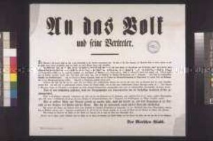Maueranschlag: An das Volk und seine Vertreter. Der Club der Menschenfreunde wendet sich gegen die Ziele des Antrags Stein und gibt die Übernahme des Oberkommandos in den Marken durch General v. Wrangel bekannt; Berlin, 21. September 1848