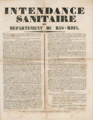 Intendance sanitaire du département du Bas-Rhin. : Strasbourg, le 10 avril 1832
