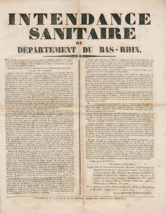 Intendance sanitaire du département du Bas-Rhin. : Strasbourg, le 10 avril 1832