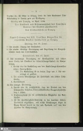 Tages-Ordnung des XII. Deutschen Kongresses für erziehliche Knaben-Handarbeit zu Danzig