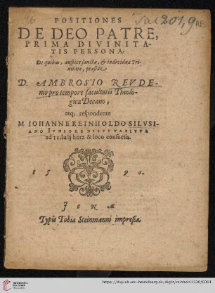 Positiones De Deo Patre, Prima Divinitatis Persona