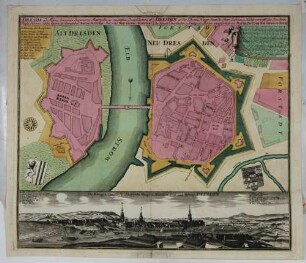 Stadtplan von Dresden, Altstadt und Neustadt, mit Befestigungsanlagen, Wappen, Stadtbeschreibung und Legende sowie einer Stadtansicht von Norden über die heutige Neustadt und die Elbe auf die heutige Altstadt mit Legende