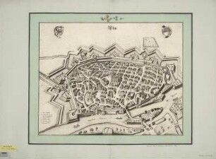 Vogelschauplan von Ulm, 1:3 600, Radierung, um 1682 : Ulm. - [Ca. 1:3 600]. - [Amsterdam] , [um 1682]. - 1 Vogelschauplan : Radierung ; 50 x 39 cm NNW oben. - Titel oben Mitte. - Ohne Kt.-Netz. - Mit Gebäudeverzeichnis. - Mit 2 Wappen. - Kompassrose unten Mitte