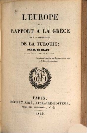 L' Europe par rapport à la Grèce et à la Reformation de la Turquie