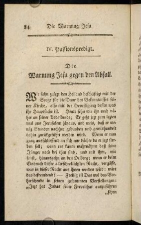 84-103, IV. Passionspredigt: über Marc. 14, 26-31. Die Warnung Jesu gegen den Abfall der Jünger.