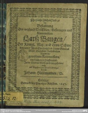 Christliche Leichen-Predigt bey Bestattung Larß Bangen