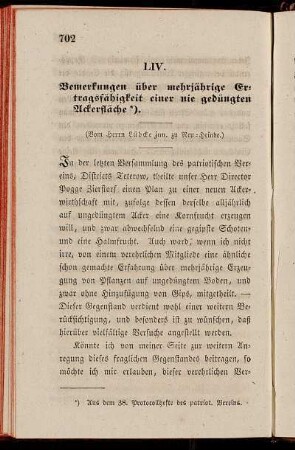 LIV. Bemerkungen über mehrjährige Ertragsfähigkeit einer nie gedüngten Ackerläche