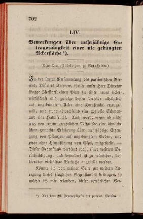 LIV. Bemerkungen über mehrjährige Ertragsfähigkeit einer nie gedüngten Ackerläche