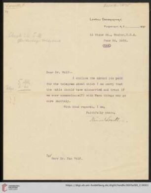 Briefe von Percival Lowell an Max Wolf: Brief von Percival Lowell an Max Wolf