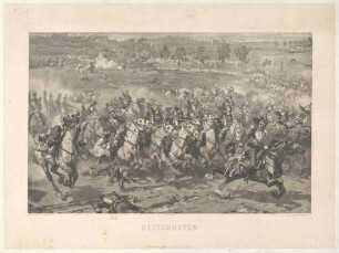Schlacht bei Reischoffen 06.08.1870: geführt von einem Hauptmann reitet ein französisches Kürassier-Regiment mit gezogenem Degen, unter preuss. Artilleriebeschuss, eine Attacke auf freiem Feld, im Hintergrund die Ortschaft