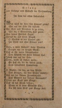 Gesang zum Anfange und Schlusse der Versammlung.