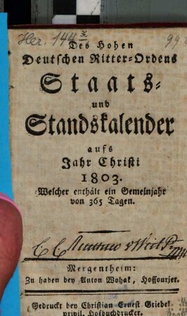 Des Hohen Deutschen Ritterordens Staatskalender : für d. Jahr ... 1803