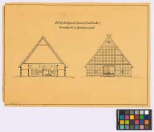 [Preußisch Ströhen] (Kreis Lübbecke): Altes Beispiel Rohlfing. [Haupthaus] (Querschnitt, Giebel-Ansicht)