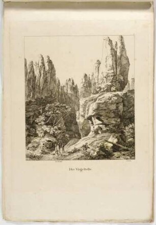 Blick aus dem Vogeltelle genannten Tal auf die Basteifelsen bei Rathen in der Sächsischen Schweiz, aus: Die Bastei in fünf Ansichten von Ludwig Richter, Heft 1 der Reihe "Die Sächsische Schweiz in Bildern"