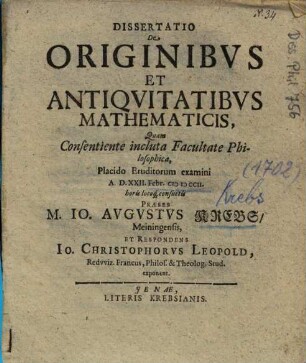 Dissertatio De Originibvs Et Antiqvitatibvs Mathematicis