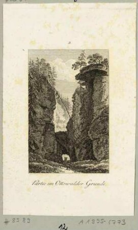 Das Felsentor im Uttewalder Grund nördlich von Wehlen in der Sächsischen Schweiz, Blatt aus Brückners Pitoreskischen Reisen um 1800