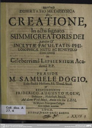Dissertatio metaphysica de creatione