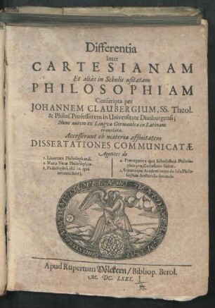 Differentia Inter Cartesianam Et alias in Scholis usitatam Philosophiam