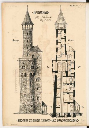 Wasserturm als Aussichtsturm Monatskonkurrenz Mai 1901: Ansicht, Querschnitt (vertikal); Maßstabsleiste
