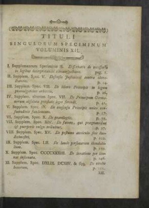 Tituli Singulorum Speciminum Voluminis XII.