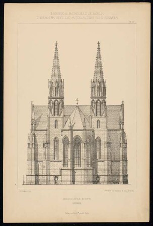 Dreischiffige Kirche: Ostseite (aus: C. Schäfer, Die Bauhütte, Entwürfe im Stile des Mittelalters, 1. Bd., 1883, Tafel 10)