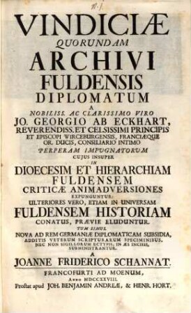 Vindiciae quorundam Archivi Fuldensis diplomatum