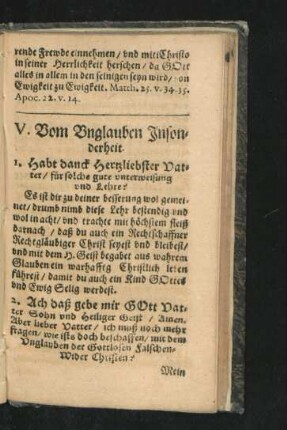 V. Vom Unglauben Insonderheit.